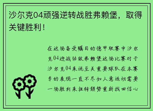 沙尔克04顽强逆转战胜弗赖堡，取得关键胜利！