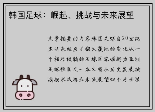 韩国足球：崛起、挑战与未来展望