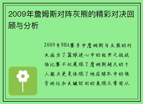 2009年詹姆斯对阵灰熊的精彩对决回顾与分析